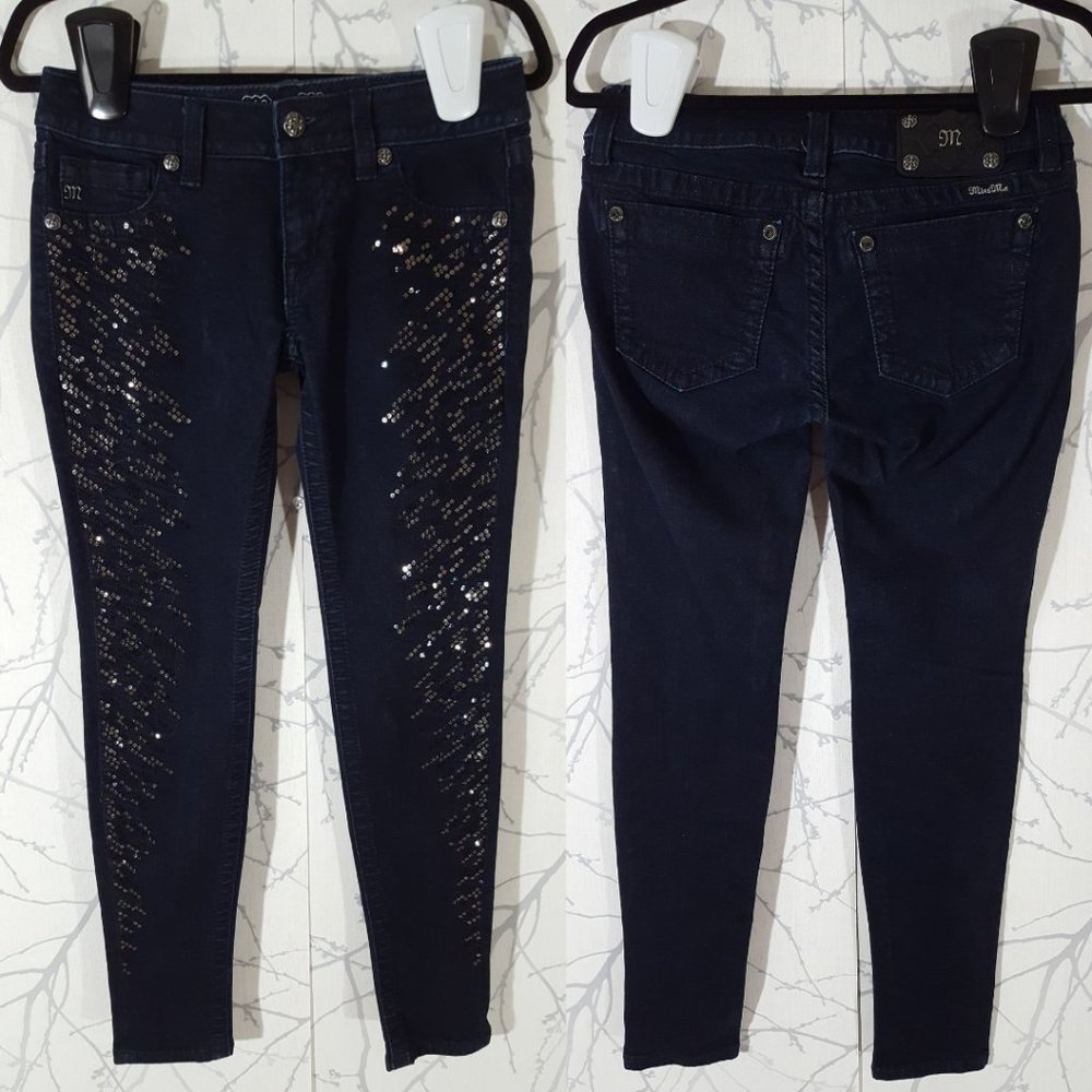 Miss Me Dark Wash Low Rise Sequin Super Skinny Jeans - Picture 2 of 6